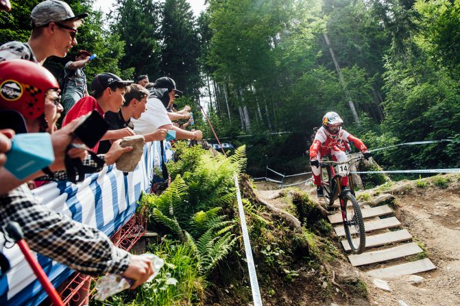 Aaron Gwin performs at UCI DH World Cup in Leogang, Austria on June 9, 2019.