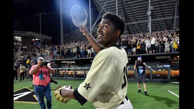 Vanderbilt Kumar Rocker (80) celebrates his no-hitter, beating Duke 3-0 in the NCAA Division I Baseball Super Regionals at Hawkins Field Saturday, June 8, 2019, in Nashville, Tennessee.