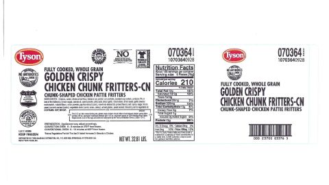 Recalled Tyson Fully Cooked, Whole Grain Golden Crispy Chicken Chunk Fritters bear this label.