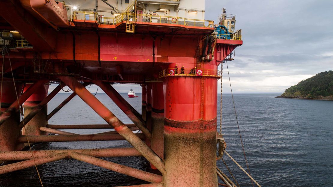 Greenpeace activists pictured on the oil rig in Cromarty Firth, Scotland.
