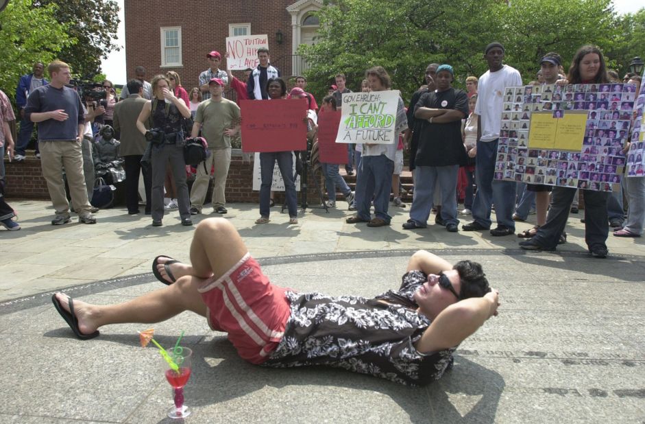 In 2003, Swalwell and other students from the University of Maryland protest state budget cuts to higher education. Swalwell's beach attire was a reference to Maryland Gov. Robert Ehrlich, who was on vacation at the time.