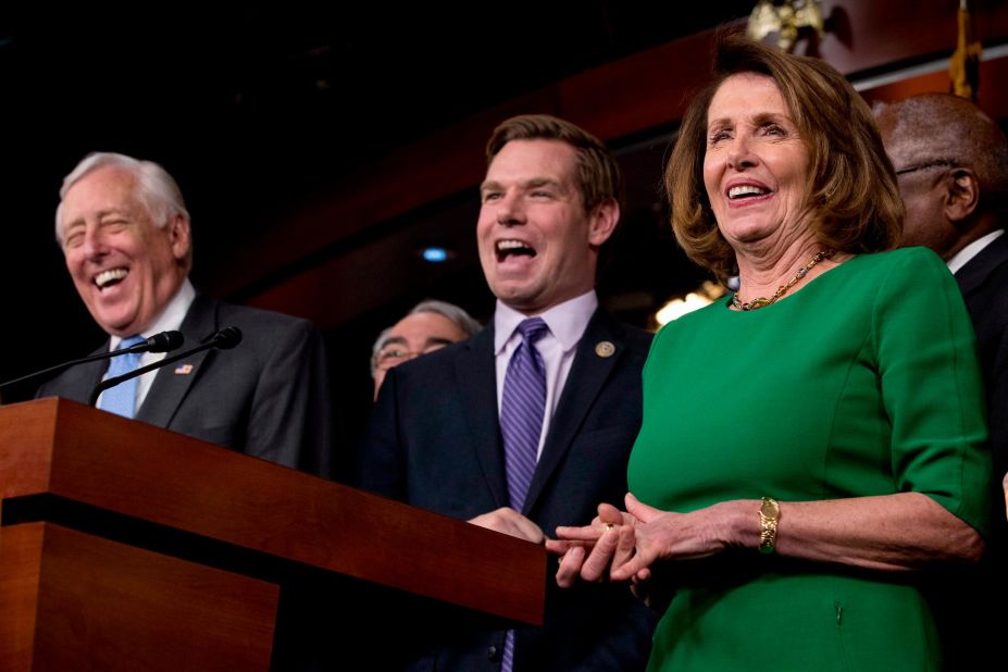 House Minority Leader Nancy Pelosi and Democratic Whip Steny Hoyer react at a Swalwell joke during a Capitol Hill news conference in March 2017.