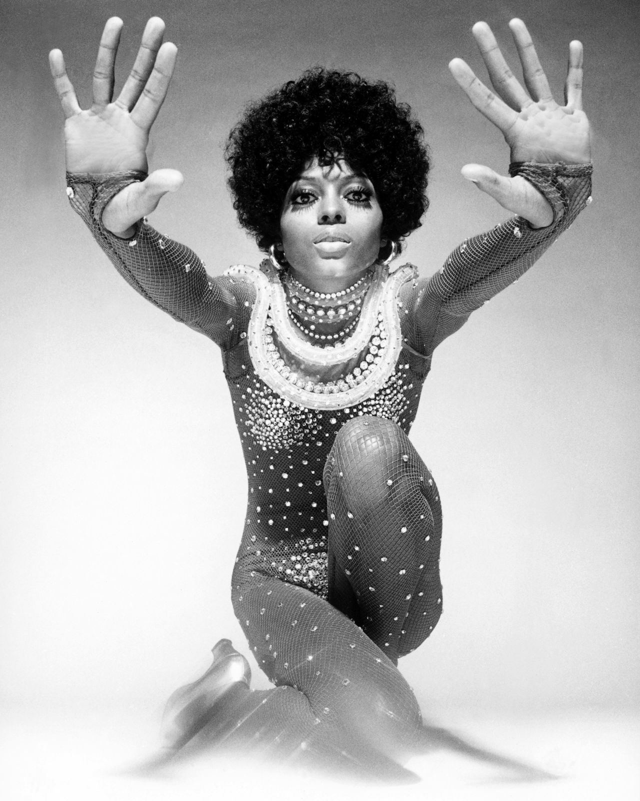 Singer Diana Ross poses in a Bob Mackie catsuit in 1974.