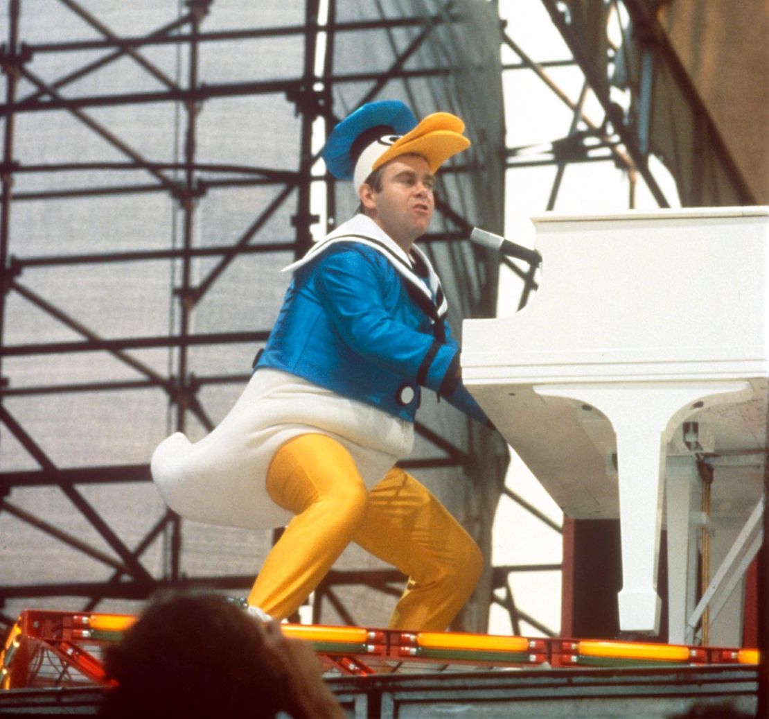 Elton John wears Bob Mackie during a performance in New York's Central Park in 1980.