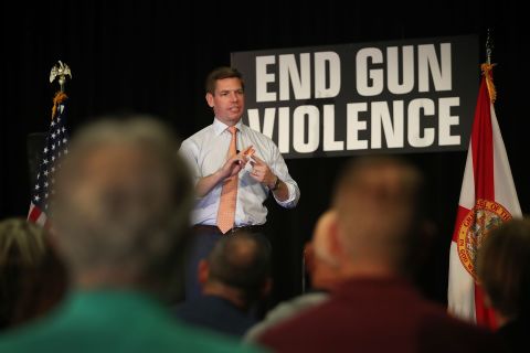 Swalwell speaks in Sunrise, Florida, during a town hall on gun violence in April 2019.