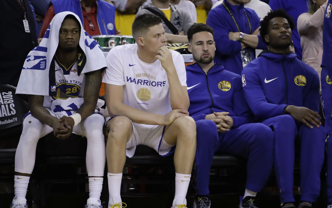 Thompson, second from right, sat out Game 3 with a hamstring injury. He was one of several Warriors who missed time during the series. Center Kevon Looney fractured cartilage in his chest in Game 2 and didn't return until Game 5. And Durant, of course, missed most of the series. 