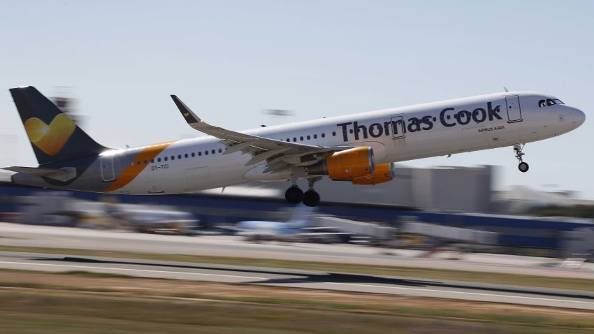 27 April 2019, Spain, Palma: A Thomas Cook plane takes off from Palma Airport. The number of foreign tourists in Spain again reached a record level last year. Mallorca is particularly popular with Germans. Photo: Clara Margais/dpa (Photo by Clara Margais/picture alliance via Getty Images)