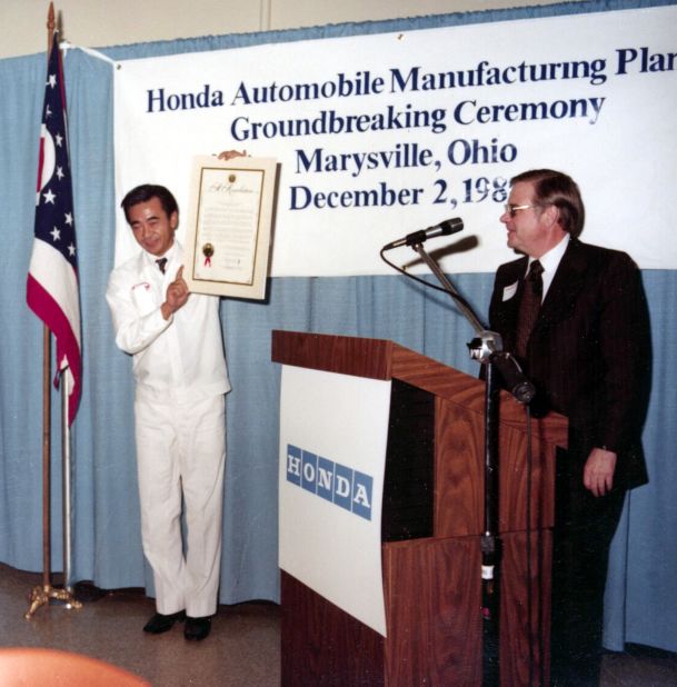 Ohio State Senator Theodore Gray and Honda Motor President Kiyoshi Kawashima attend the Marysville auto plant groundbreaking ceremony in 1980.