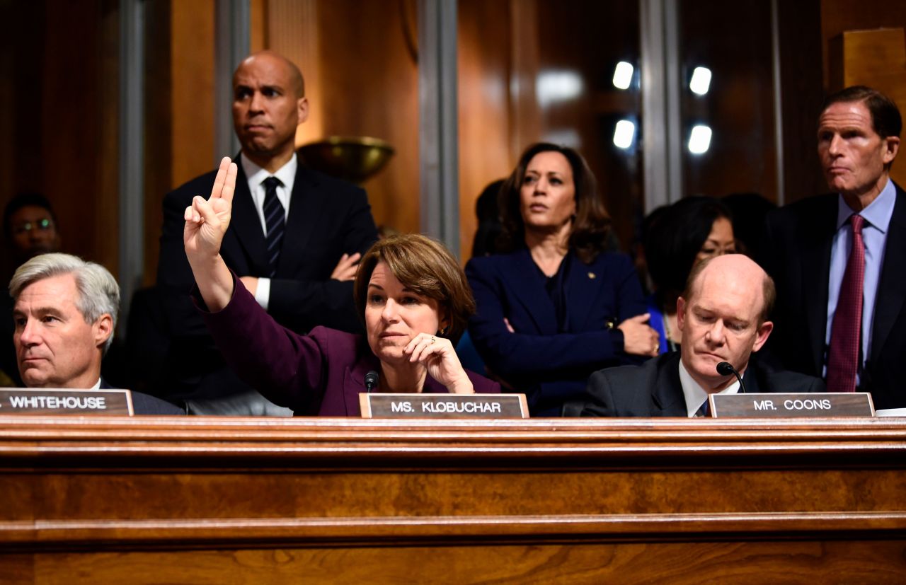 Klobuchar and other members of the Senate Judiciary Committee attend a hearing about Supreme Court nominee Brett Kavanaugh in September 2018.
