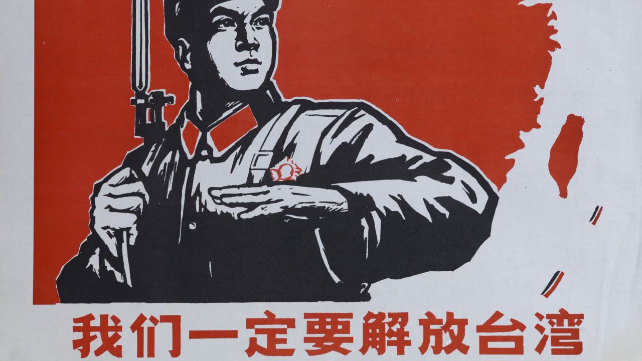 An historic Chinese Cultural Revolution poster, showing a Chinese soldier and the island of Taiwan. "We must liberate Taiwan," the caption says.