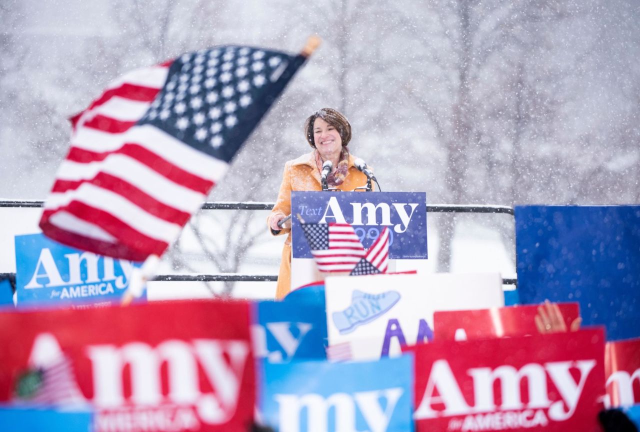 Klobuchar announces her presidential bid on a snowy day in Minneapolis in February 2019.