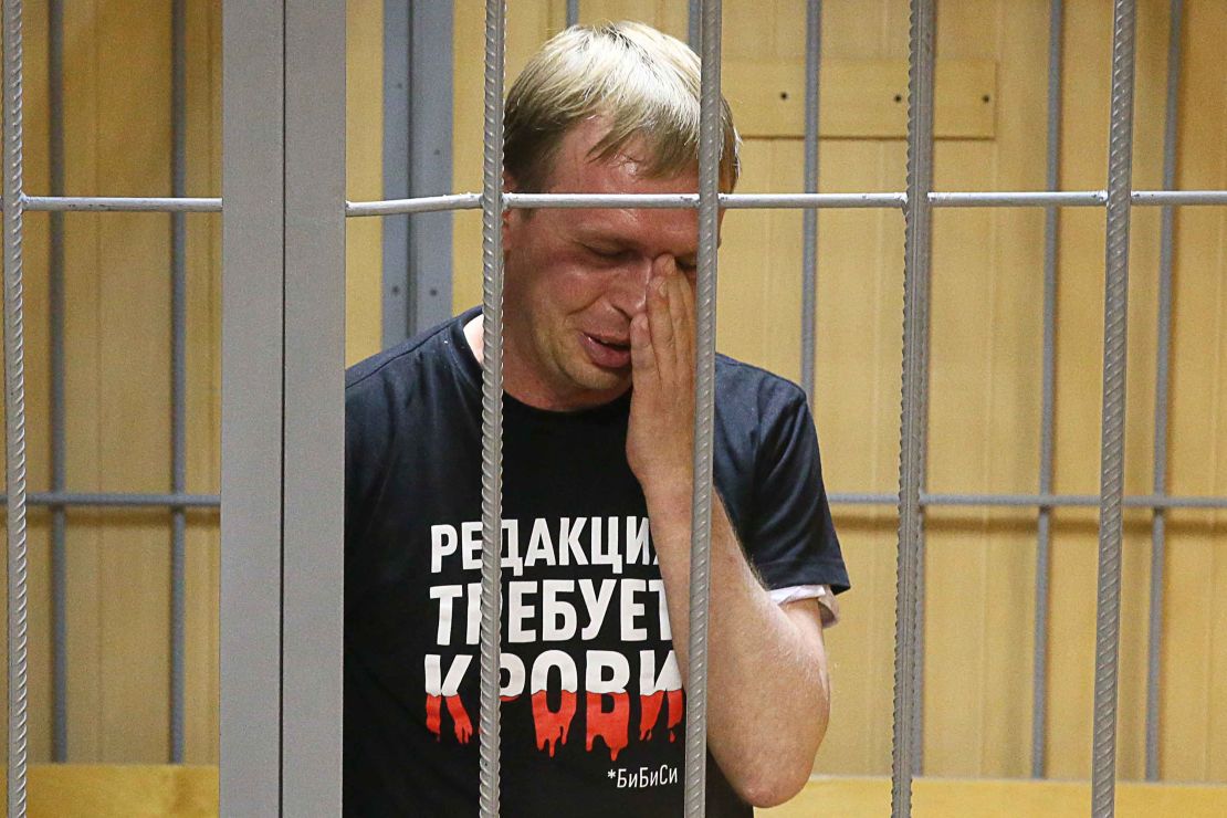 Golunov breaks down during a hearing at a Moscow court on Saturday. 