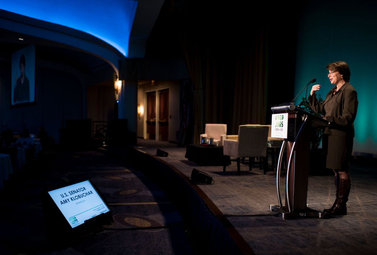 Klobuchar delivers a keynote address to the BlueGreen Alliance Foundation's "Good Jobs, Green Jobs" conference in February 2014.