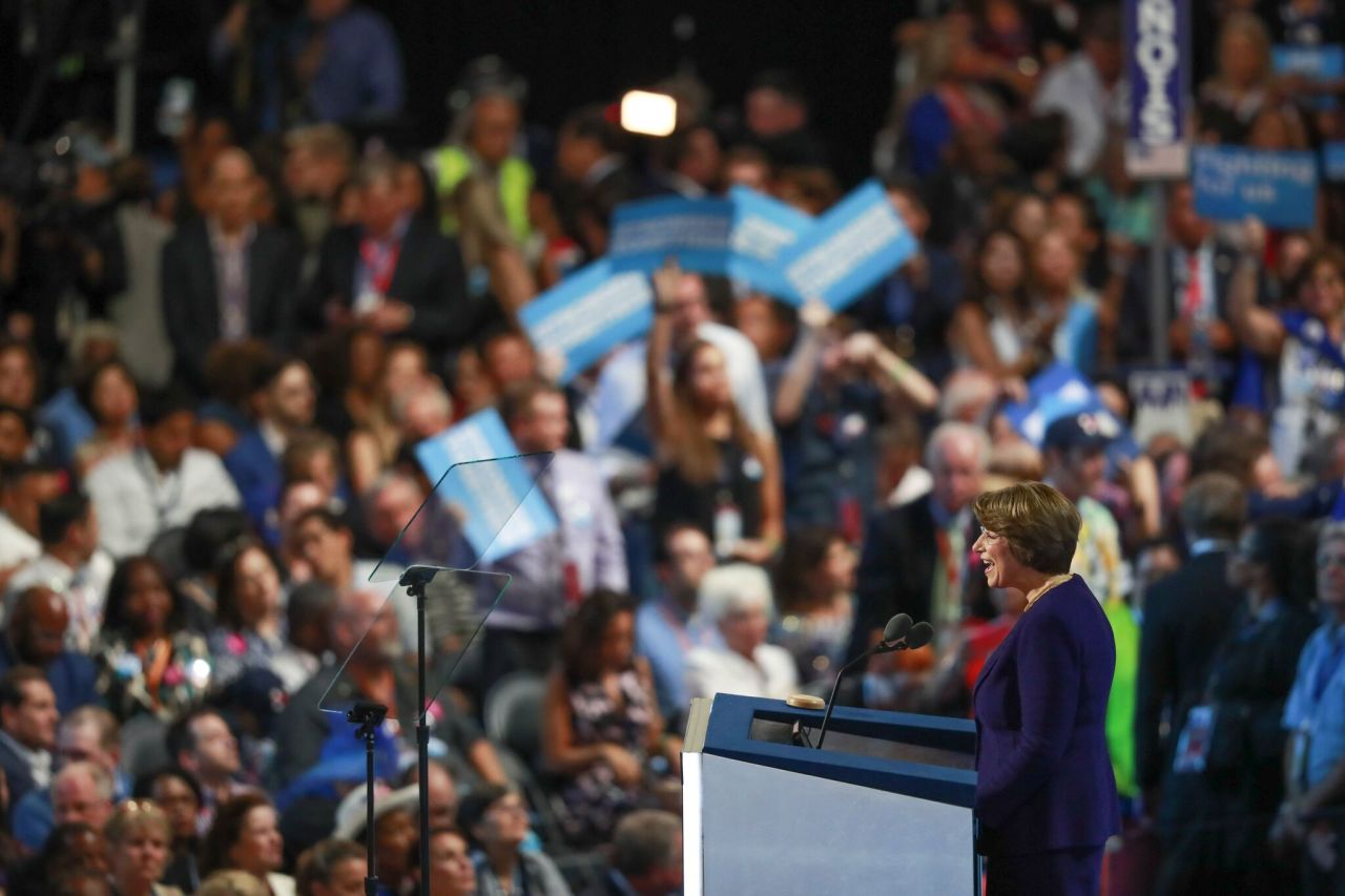 Klobuchar speaks at the Democratic National Convention in July 2016.