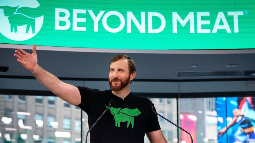 NEW YORK, NY - MAY 2: Beyond Meat CEO Ethan Brown speaks before ringing the opening bell at Nasdaq MarketSite, May 2, 2019 in New York City. Valued at around $1.5 billion, Beyond Meat makes plant-based burgers and sausages. (Photo by Drew Angerer/Getty Images)