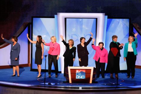 Klobuchar, fifth from left, joins other female senators on stage at the Democratic National Convention in August 2008.