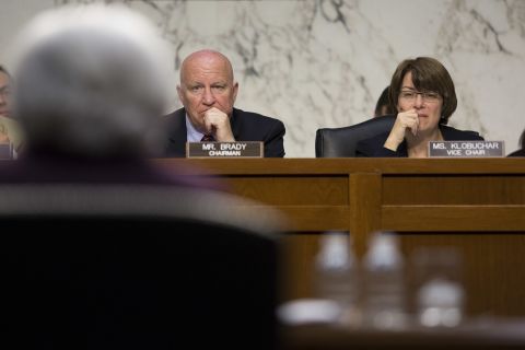 Klobuchar listens as Federal Reserve Chairwoman Janet Yellen testifies during a Senate hearing in May 2014.