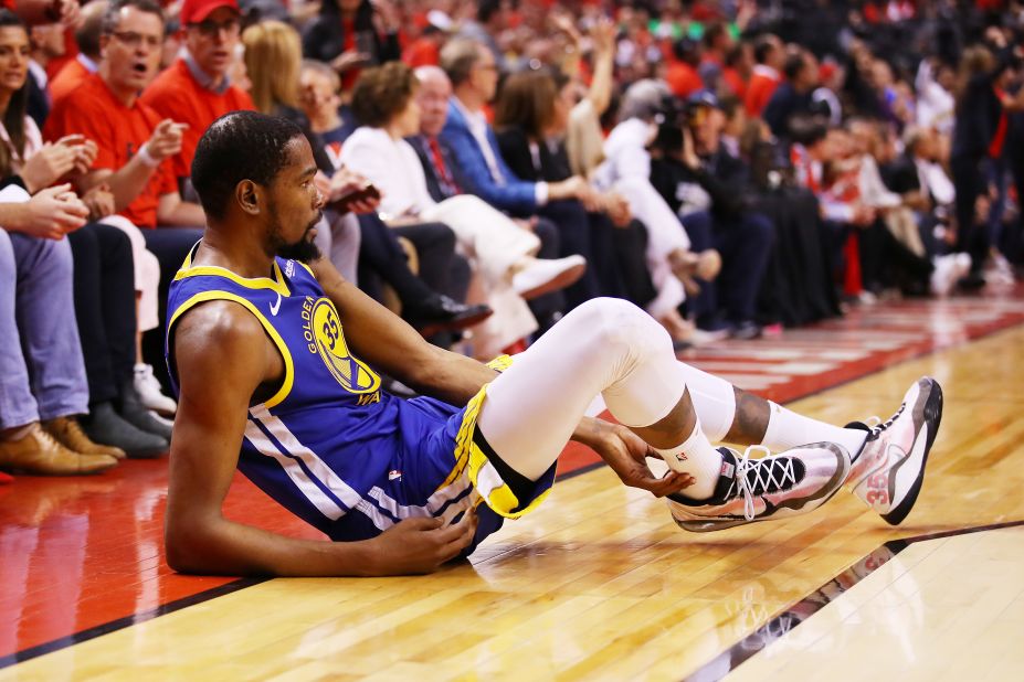 Durant, playing in his first game since injuring his calf in the Western Conference semifinals, went down in the second quarter of Game 5. He left the game and wouldn't return. Days later, it was confirmed that he had ruptured his Achilles tendon.