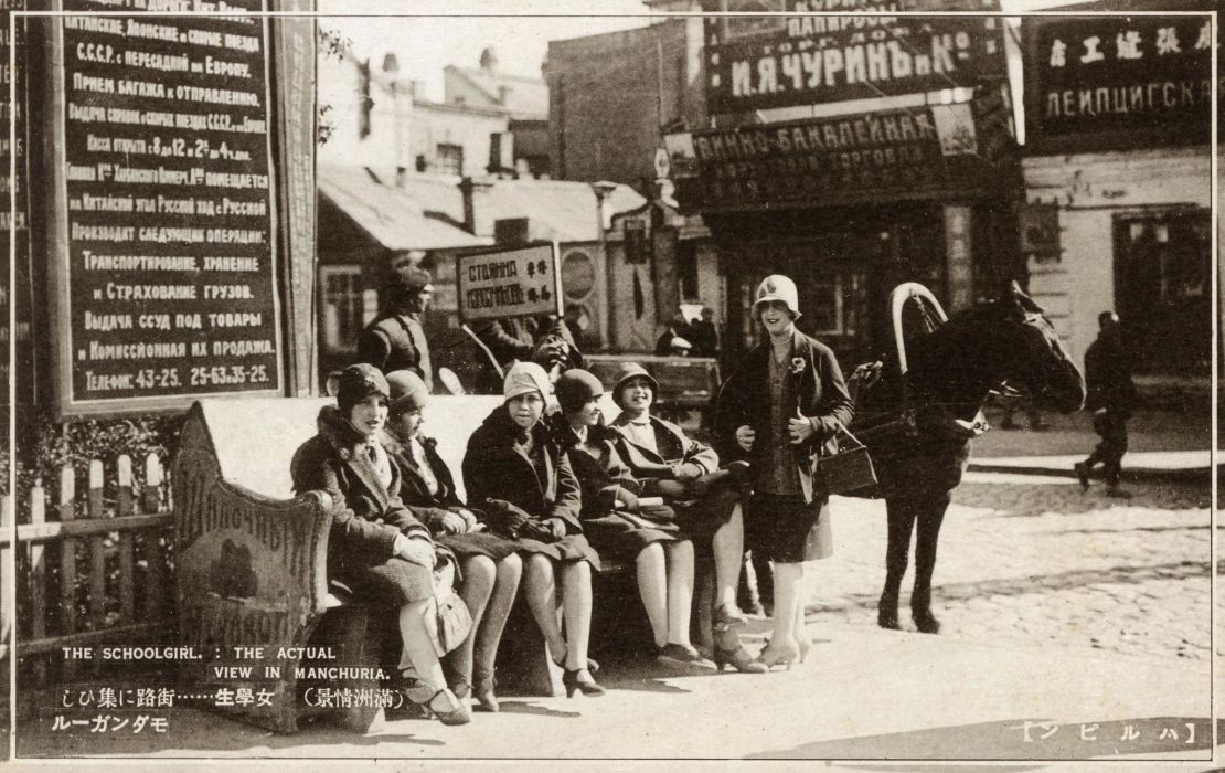 Russian schoolgirls chatting on the street in Harbin in around 1929.  