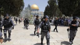 Israeli security forces gather at the al-Aqsa Mosque compound in the Old City of Jerusalem on June 2, 2019, as clashes broke out while Israelis marked Jerusalem Day, which commemorates the country's capture of the city's mainly Palestinian eastern sector in the 1967 Six-Day War. - Palestinian worshippers clashed with Israeli police at the highly sensitive Jerusalem holy site as an Israeli holiday coincided with the final days of the Muslim holy month of Ramadan.
Jews are allowed to visit the site during set hours but not pray there to avoid provoking tensions. Jewish visits to the site usually increase for Jerusalem Day.
The al-Aqsa Mosque compound, revered as the site of two ancient Jewish temples, and home to al-Aqsa Mosque, Islam's third holiest site (Photo by Ahmad GHARABLI / AFP)        (Photo credit should read AHMAD GHARABLI/AFP/Getty Images)
