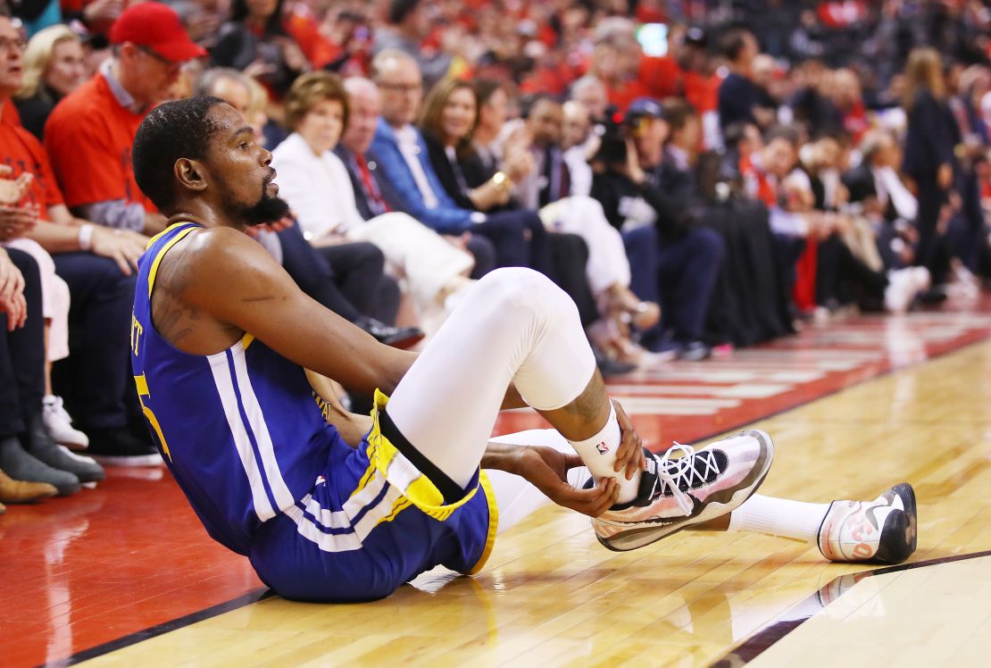 Kevin Durant #35 of the Golden State Warriors is due undergo an MRI scan on Tuesday.