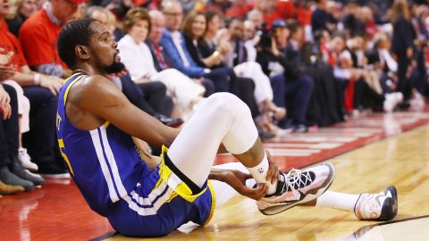 Kevin Durant #35 of the Golden State Warriors is due undergo an MRI scan on Tuesday.