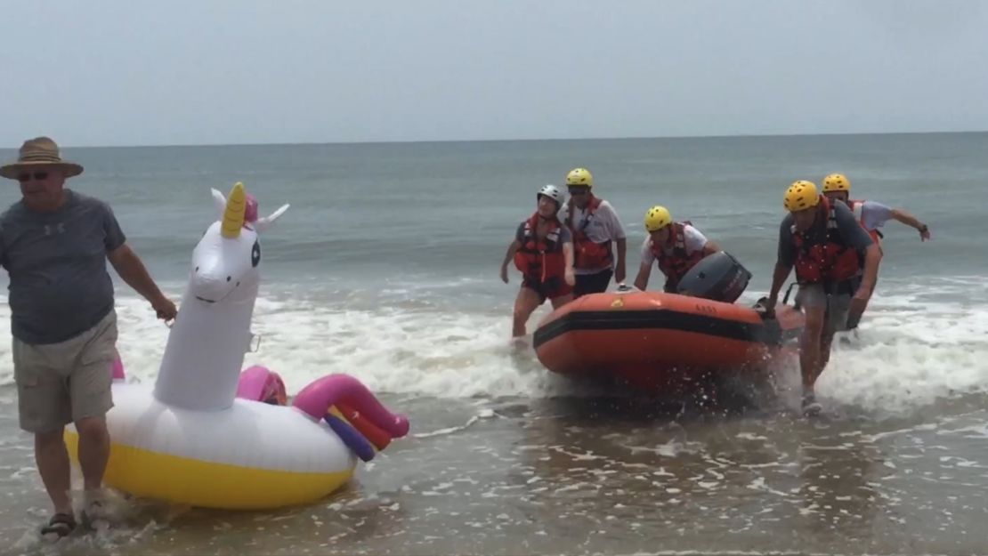 Oak Island Water Rescue saved an 8-year-old boy who drifted out into the Atlantic Ocean on a unicorn float.