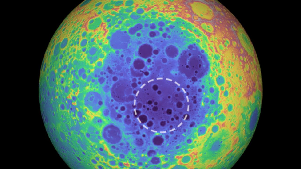 The colored image shows the South Pole-Aitken basin in blue, and the location of the mass under the surface is circled.