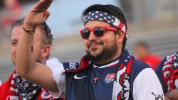 EAST HARTFORD, CT - OCTOBER 10: A member of the American Outlaws cheering group celebrates during an international friendly between the United States and Ecuador at Rentschler Field on October 10, 2014 in East Hartford, Connecticut.  (Photo by Mike Lawrie/Getty Images)