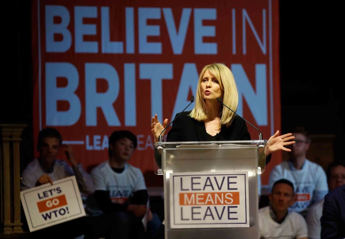 Conservative Party MP Esther McVey speaks at a political rally entitled Lets Go WTO hosted by pro-Brexit lobby group Leave Means Leave.