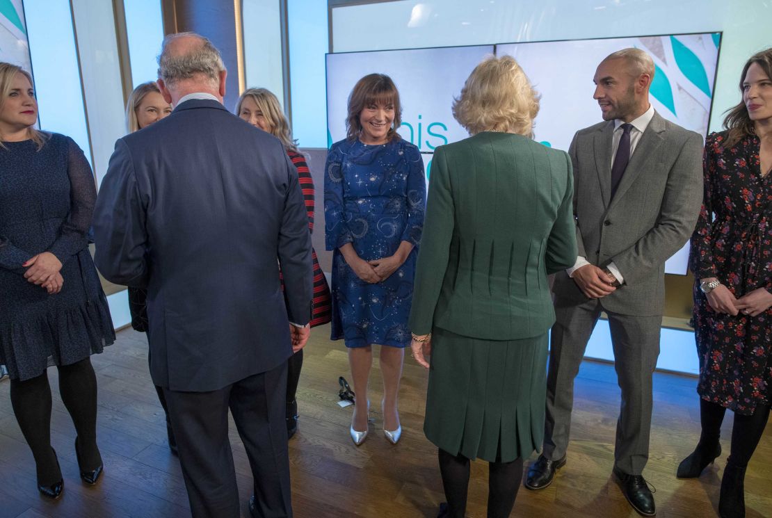 File photo of presenter Lorraine Kelly (center) meeting Prince Charles, Prince of Wales and Camilla, Duchess of Cornwall during the royal couple's visit to ITV's This Morning show. 