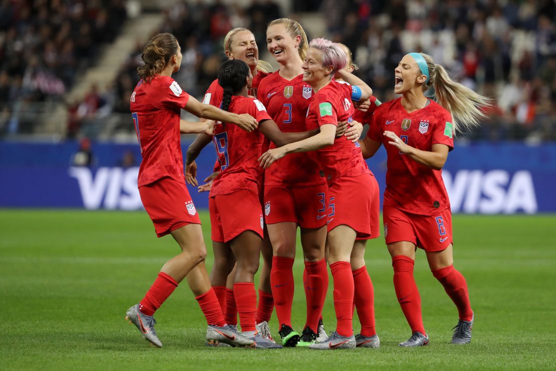 REIMS, FRANCE - JUNE 11: Samantha Mewis of the USA celebrates with teammates after scoring her team's fourth goal (Photo by Robert Cianflone/Getty Images)
