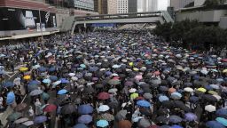 Protestors gather near the Legislative Council in Hong Kong, Wednesday, June 12, 2019. Hundreds of protesters surrounded government headquarters in Hong Kong on Wednesday as the administration prepared to open debate on a highly controversial extradition law that would allow accused people to be sent to China for trial. (AP Photo/Kin Cheung)