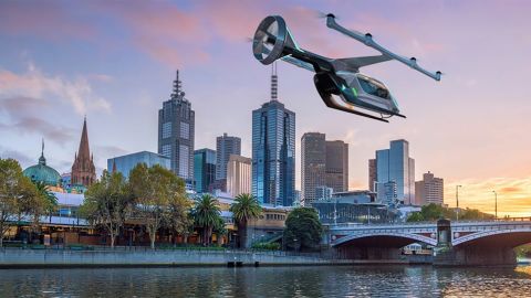 An artist's impression of an Uber flying taxi, which the company aims to bring to Melbourne next year.