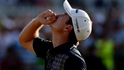 ARDMORE, PA - JUNE 16:  Justin Rose of England looks to the heavens in acknowledgement of his deceased father after putting on the 18th hole to complete the final round of the 113th U.S. Open at Merion Golf Club on June 16, 2013 in Ardmore, Pennsylvania.  (Photo by Ross Kinnaird/Getty Images)