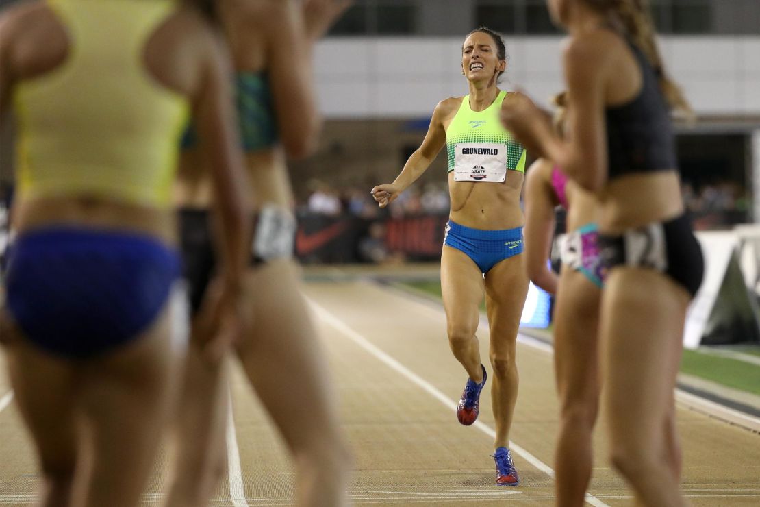 Grunewald crosses the finish line in the 1500m at the 2017 US championships.