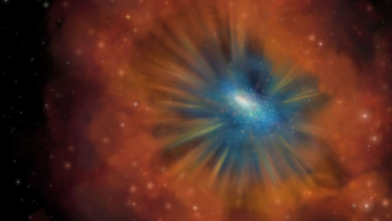 This artist's illustration shows a blue quasar at the center of a galaxy.