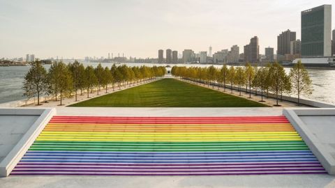 "NYC's largest pride flag" in FDR's Four Freedoms Park.