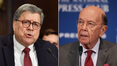 At left, Attorney General William Barr, and, at right Commerce Secretary Wilbur Ross.