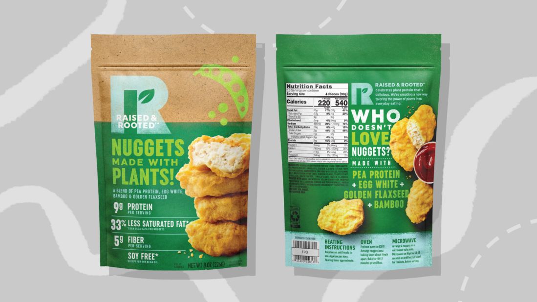 Tyson's chicken nuggets are sold under the brand Raised & Rooted. They are made from pea protein, egg white and flaxseed and bamboo fiber.