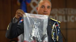 The director of the National Police, General Ney Aldrin Bautista Almonte shows the weapon that was used to shoot former Boston Red Sox slugger David Ortiz, during a press conference at the Attorney General's Office in Santo Domingo, Dominican Republic, Wednesday, June 12, 2019. Six suspects, including the alleged gunman, have been detained in the shooting, the Dominican Republic's chief prosecutor said Wednesday. (AP Photo / Roberto Guzman)