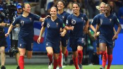 NICE, FRANCE - JUNE 12: Eugenie Le Sommer of France celebrates with teammates after scoring her team's second goal during the 2019 FIFA Women's World Cup France group A match between France and Norway at Stade de Nice on June 12, 2019 in Nice, France. (Photo by Michael Regan/Getty Images)