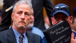 WASHINGTON, DC - JUNE 11: Former Daily Show Host Jon Stewart and FealGood Foundation co-founder John Feal look on during a House Judiciary Committee hearing on reauthorization of the September 11th Victim Compensation Fund on Capitol Hill on June 11, 2019 in Washington, DC. The fund provides financial assistance to responders, victims and their families who require medical care related to health issues they suffered in the aftermath of 9/11 terrorist attacks. (Photo by Zach Gibson/Getty Images)