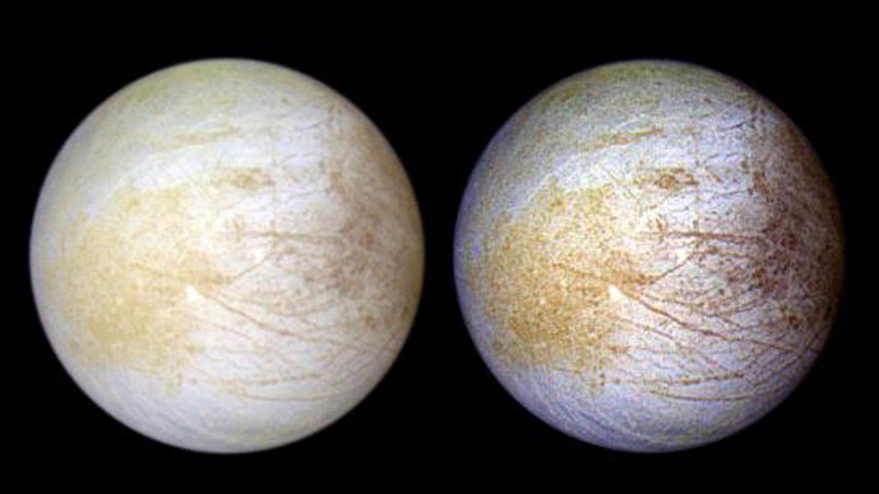 Jupiter's moon Europa, which has a subsurface ocean beneath an icy crust, has also been found to contain table salt. Tara Regio is the yellowish area to left of center where researchers identified an abundance of sodium chloride. 