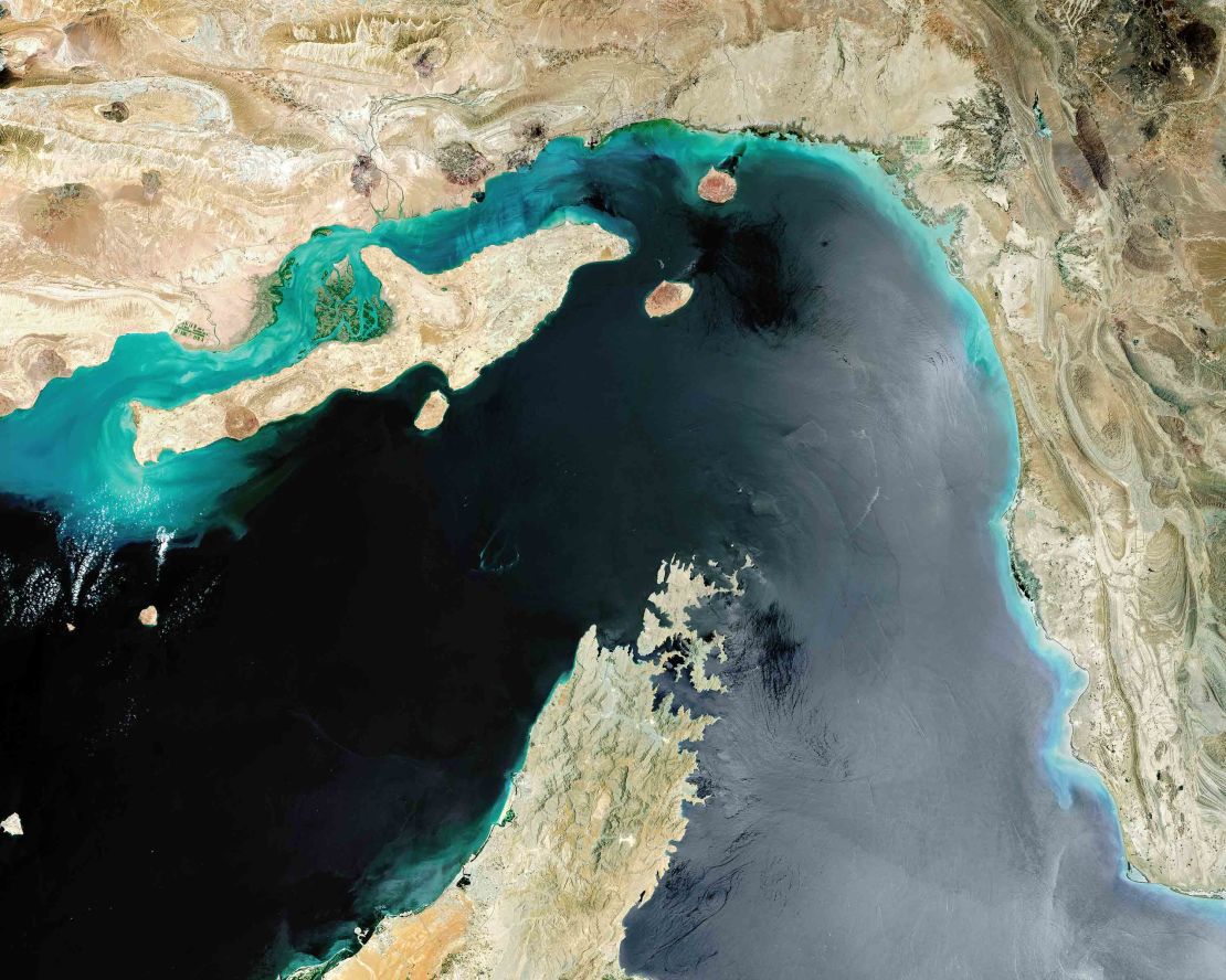A satellite image of the Strait of Hormuz.
