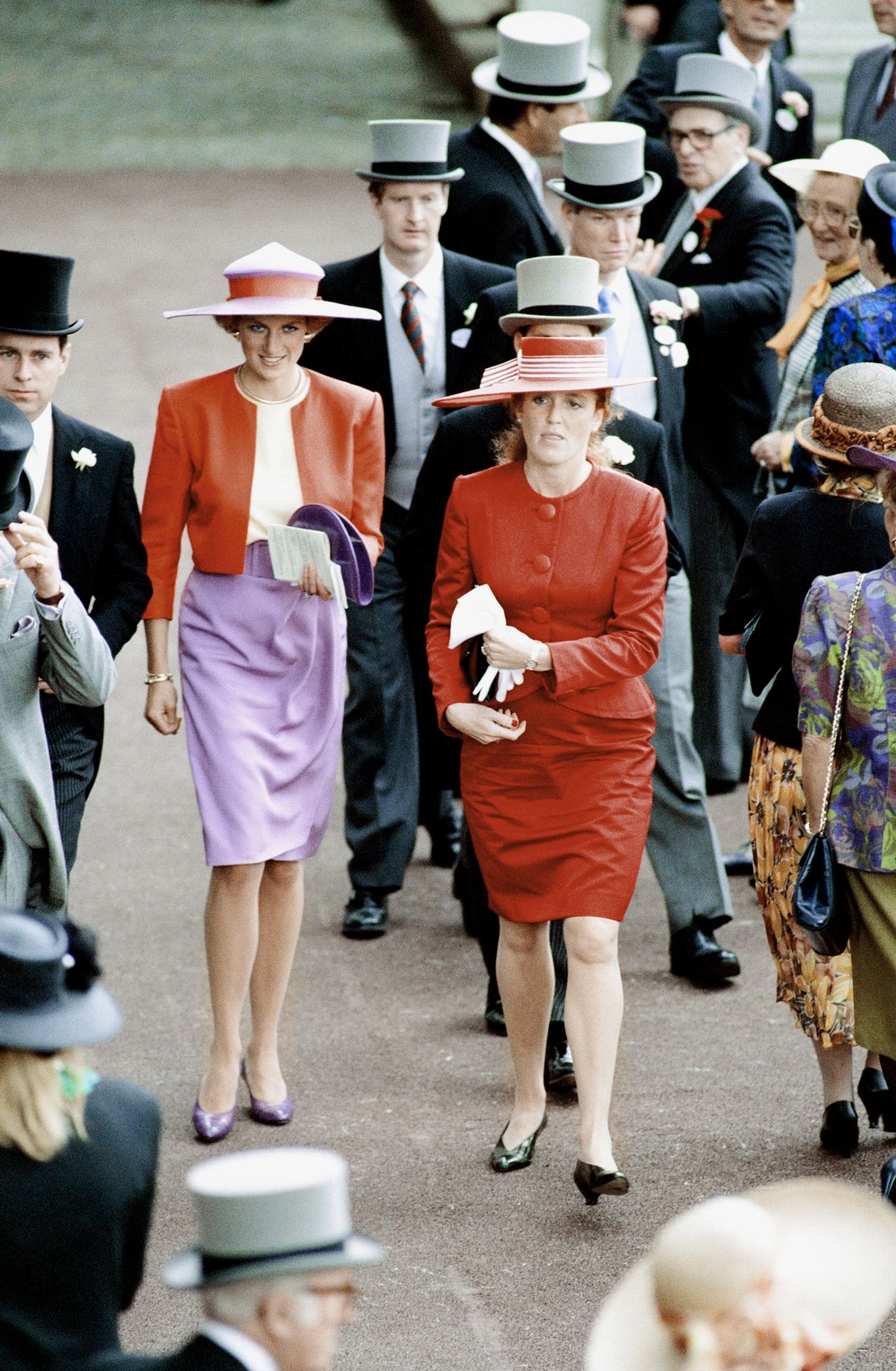 Princess Diana attends Ascot with Sarah Ferguson, the Duchess of York, in 1990. 