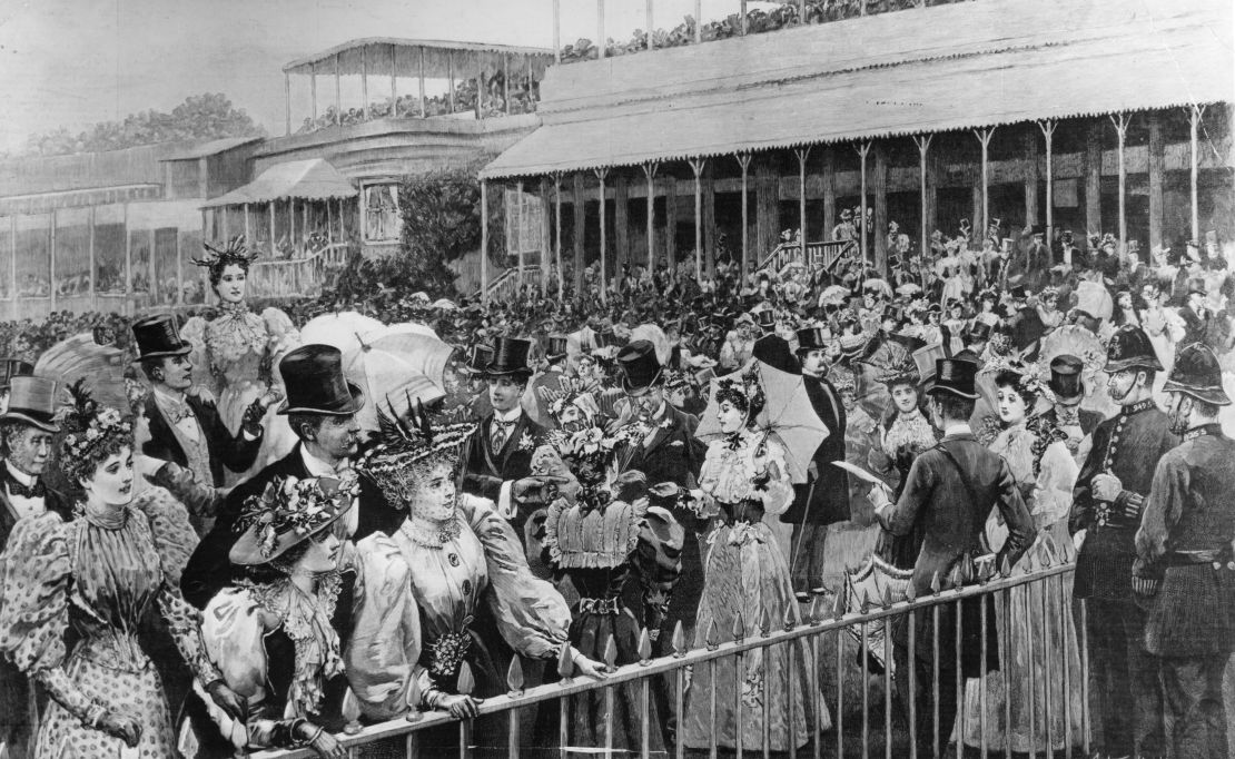 A painting by Arthur Hopkins (c.1890) of the enclosure at Ascot in Berkshire before the Gold Cup horserace.