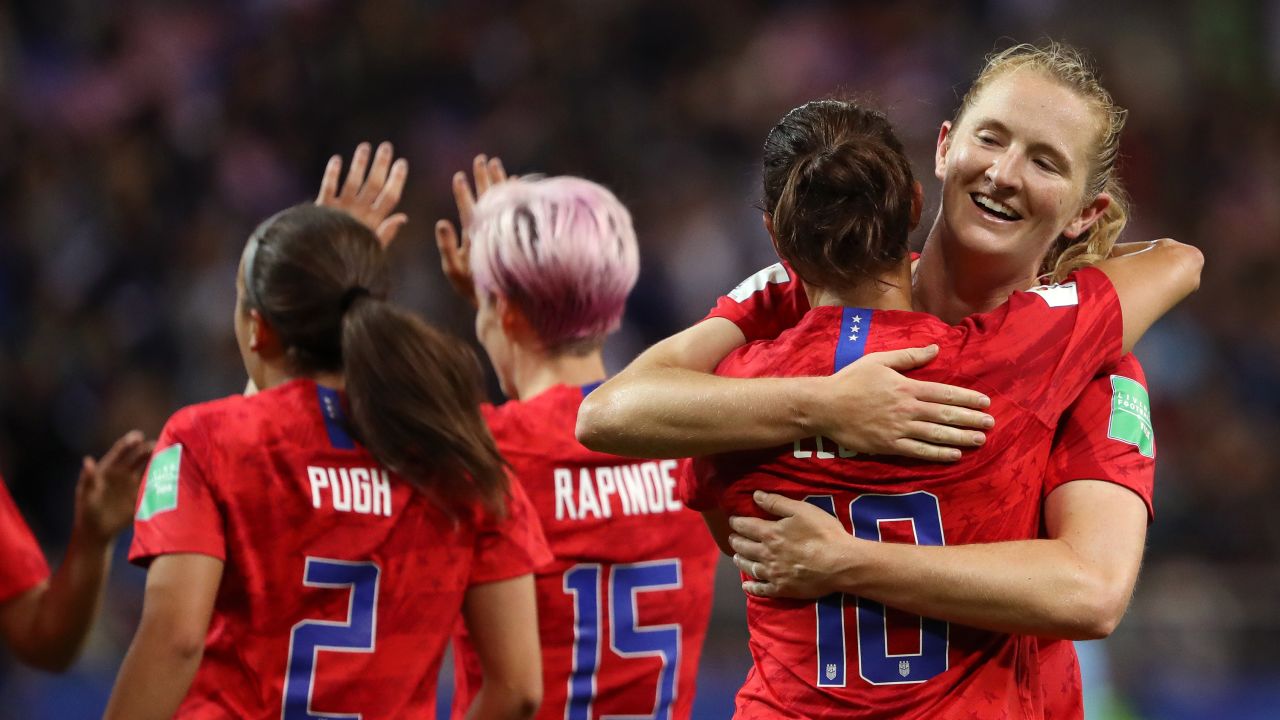 Carli Lloyd of the USA celebrates with teammates after the 2019 FIFA Women's World Cup  match against Thailand.
