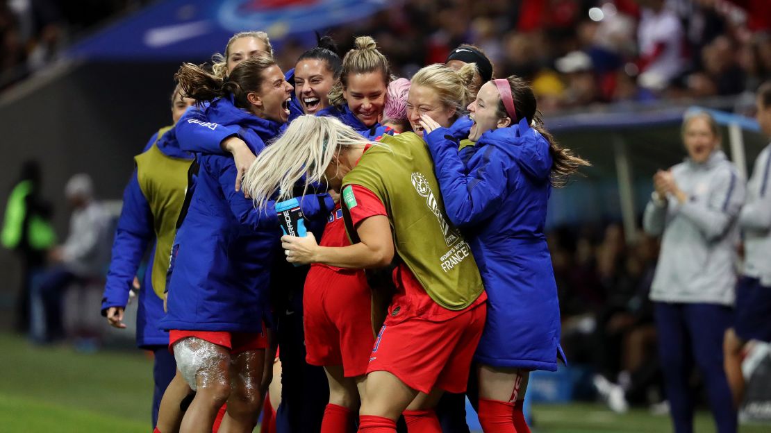 Megan Rapinoe celebrates with US teammates after winning a match last month in France.