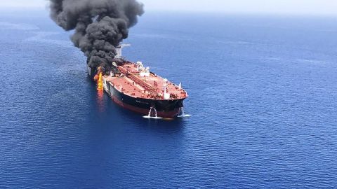 A photo released by Iranian media purports to show the fire that broke out on the Front Altair oil tanker in the Gulf of Oman on Thursday. 